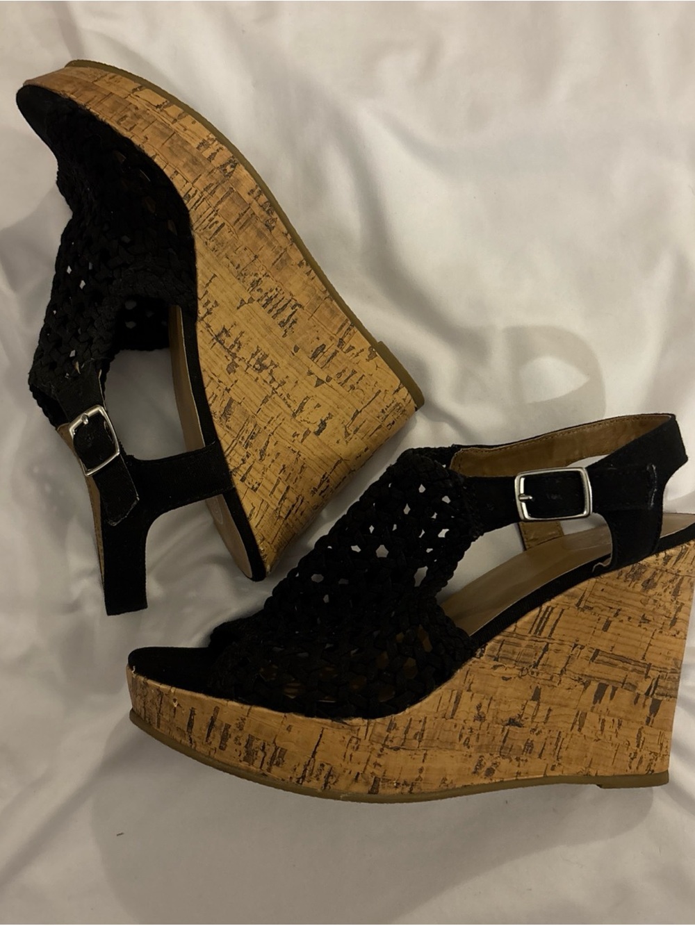 Women’s Black Woven Cork Wedge Sandals